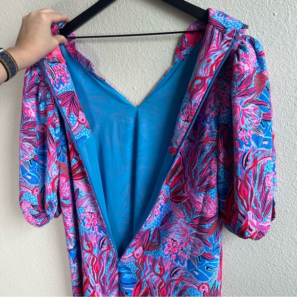 Lilly Pulitzer Arcella Dress Pink Blue Puff Sleeve Vneck Women’s Size 6 Medium - Picture 4 of 11